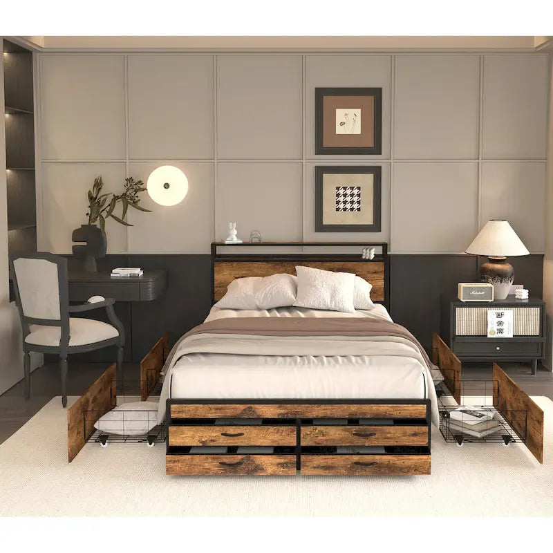 Full Size Storage Bed with LED Lights, Charging Station & 8 Drawers