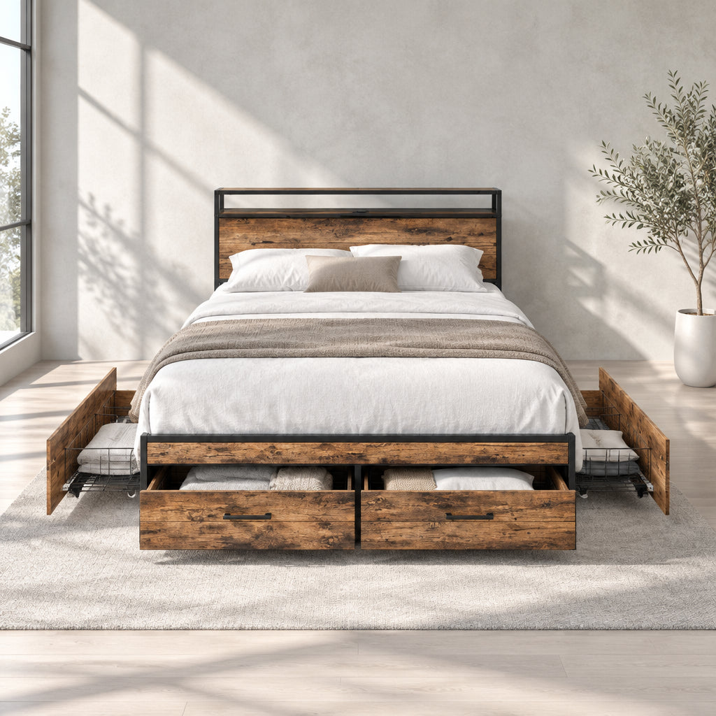 Full Size Storage Bed with LED Lights, Charging Station & 8 Drawers