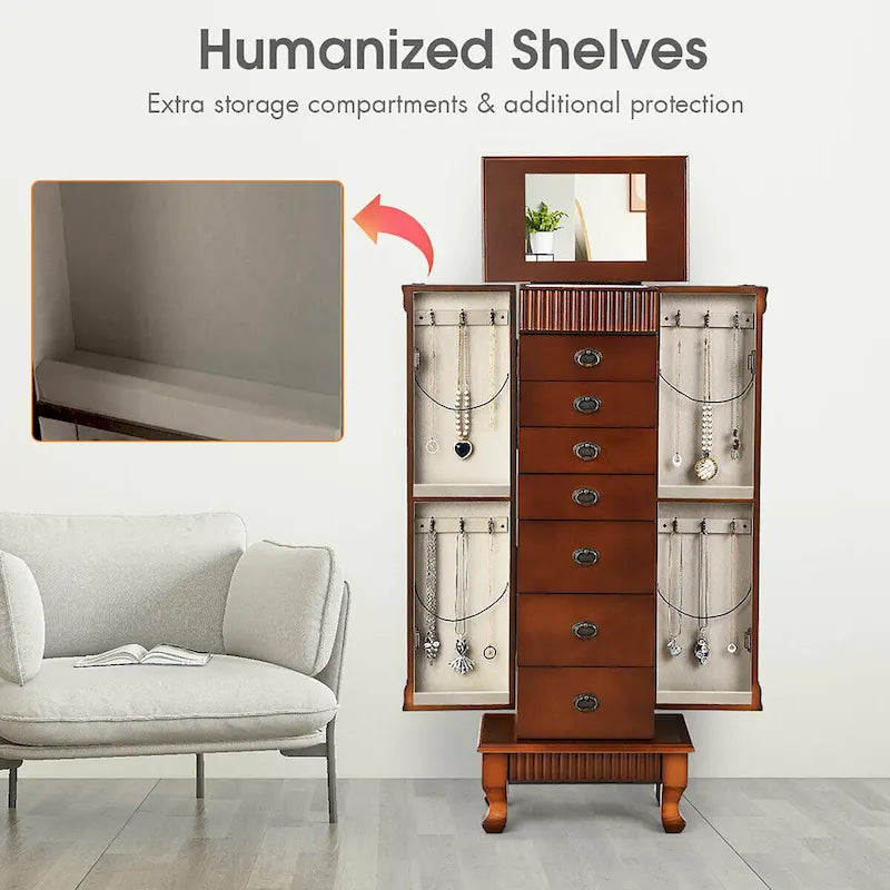 Freestanding Jewelry Armoire with Mirror and Storage