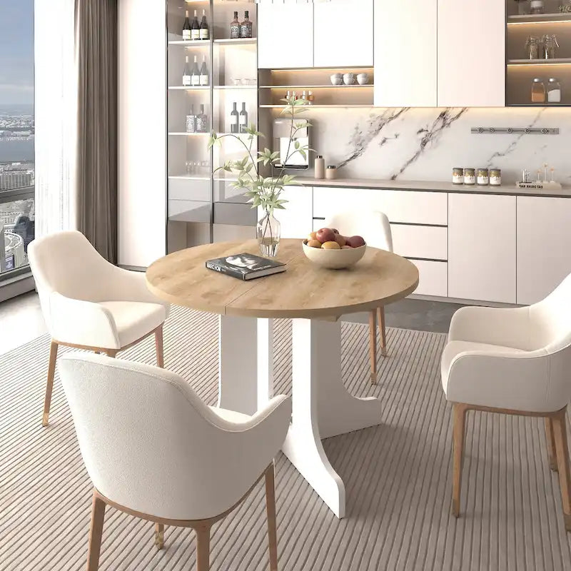 Extendable Round Dining Table with Oak Veneer Top