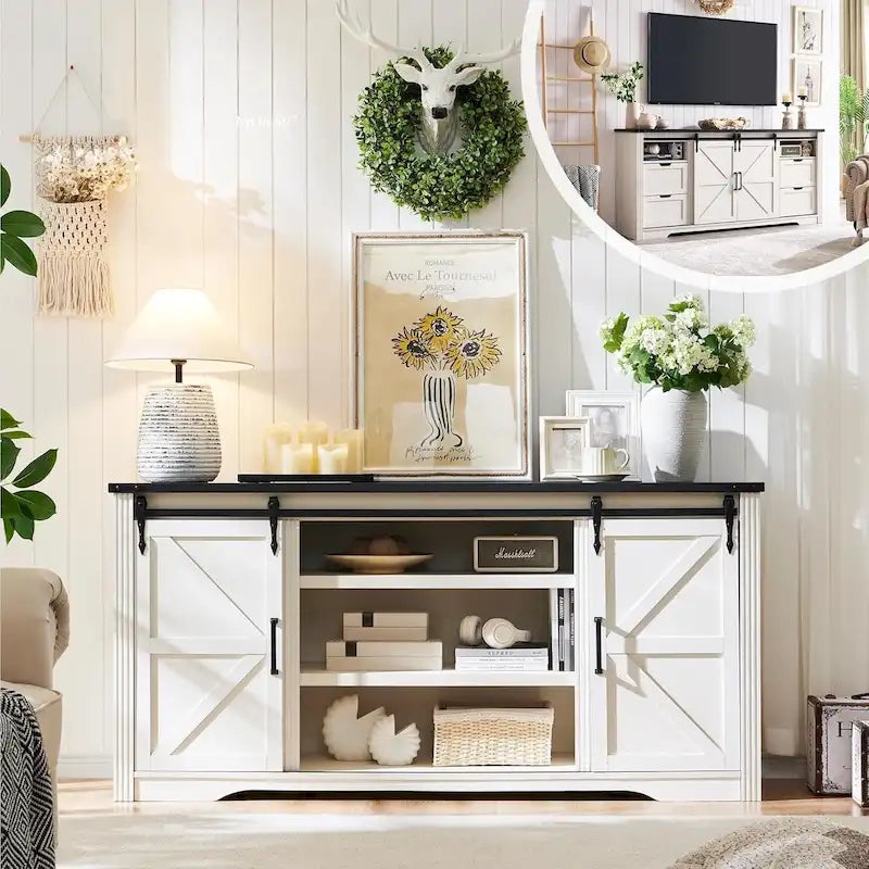 Farmhouse TV Stand with Sliding Barn Doors