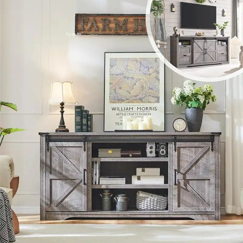 Farmhouse TV Stand with Sliding Barn Doors