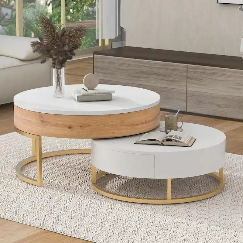 Round Lift-Top Coffee Tables with Nesting Design and Drawers