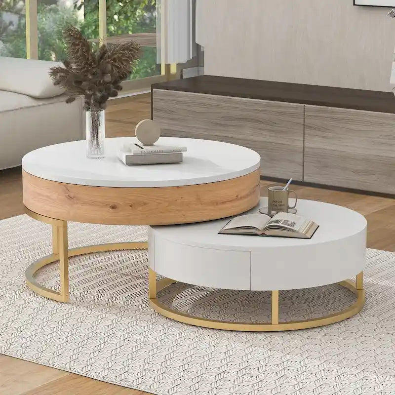 Modern Round Lift-top Nesting Coffee Tables with 2 Drawers