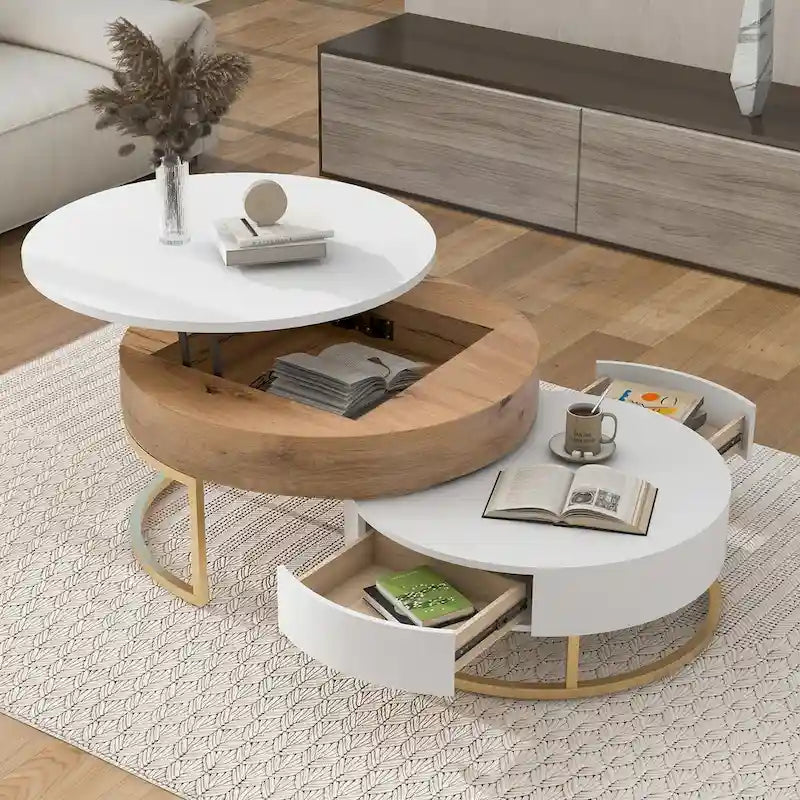 Round Lift-Top Coffee Tables with Nesting Design and Drawers