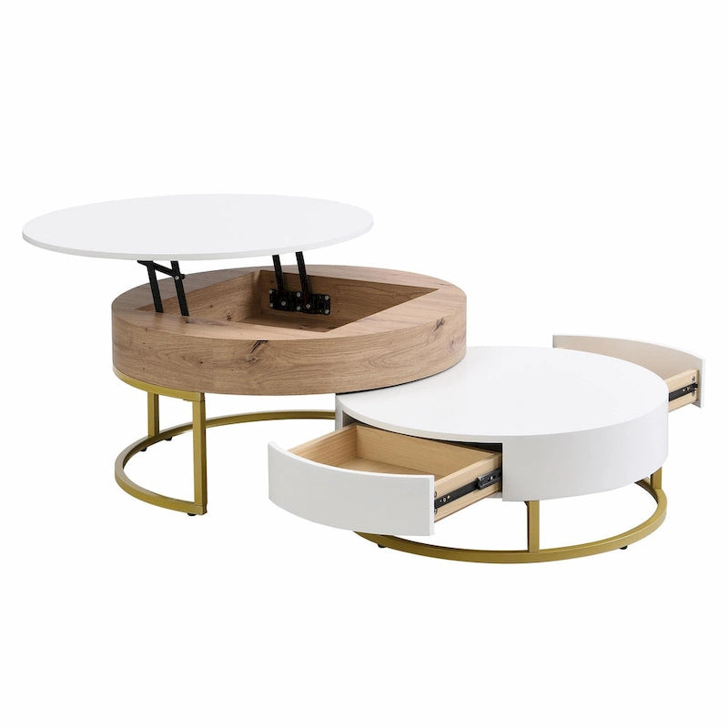Round Lift-Top Coffee Tables with Nesting Design and Drawers