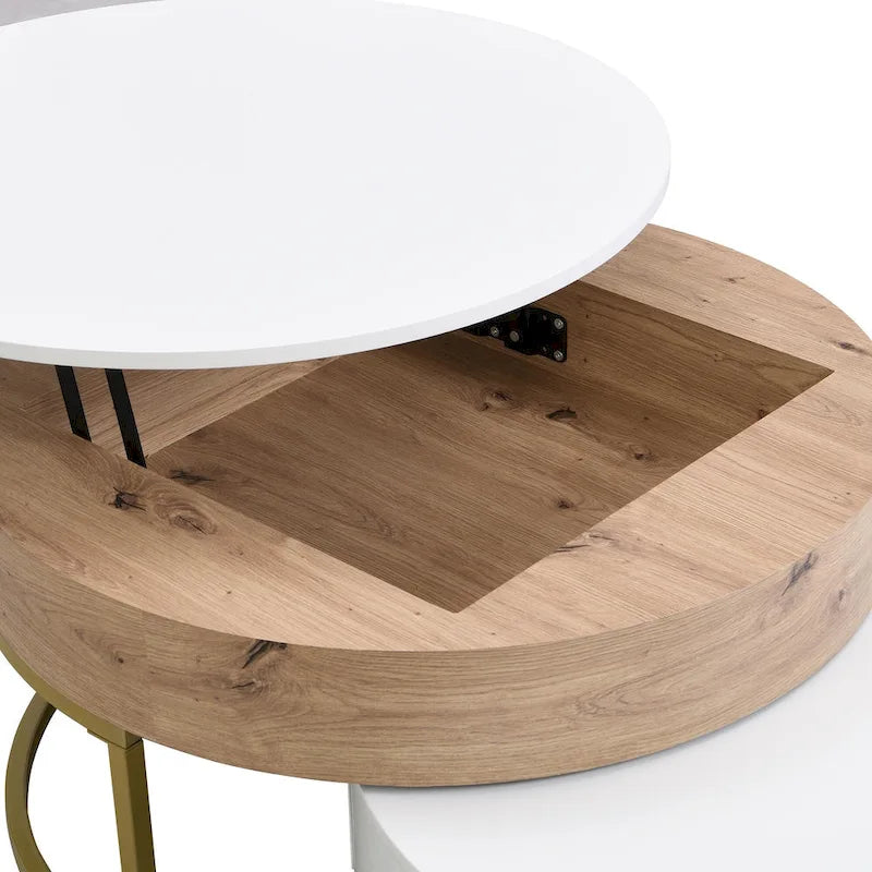 Round Lift-Top Coffee Tables with Nesting Design and Drawers