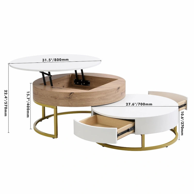 Round Lift-Top Coffee Tables with Nesting Design and Drawers