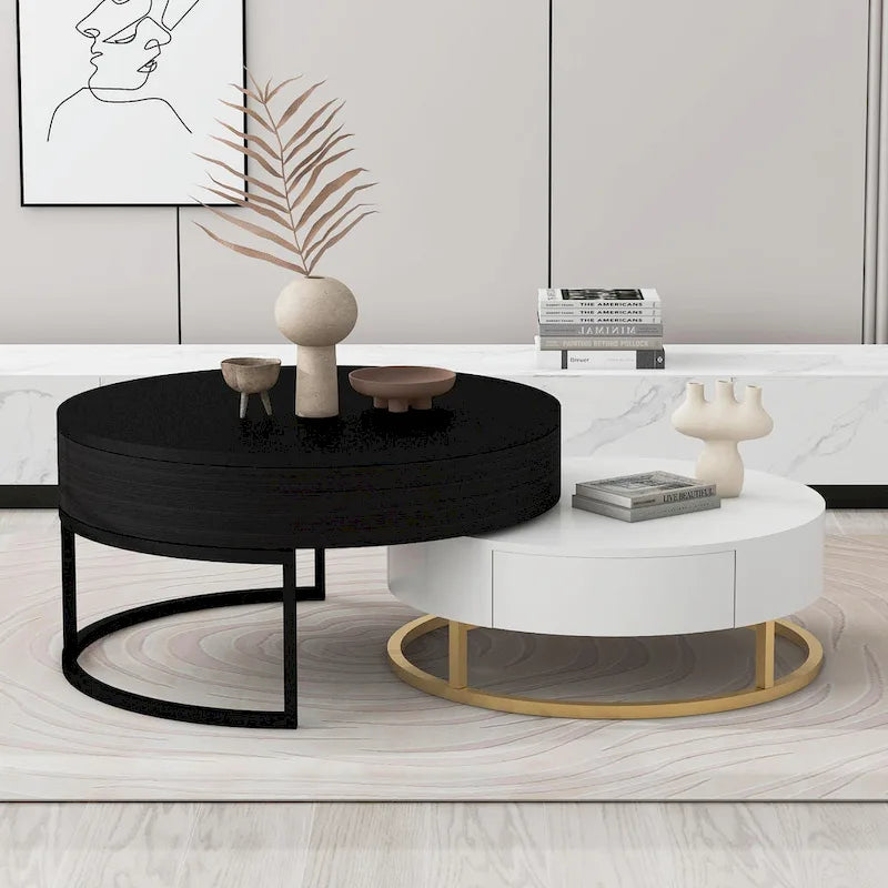 Round Lift-Top Coffee Tables with Nesting Design and Drawers