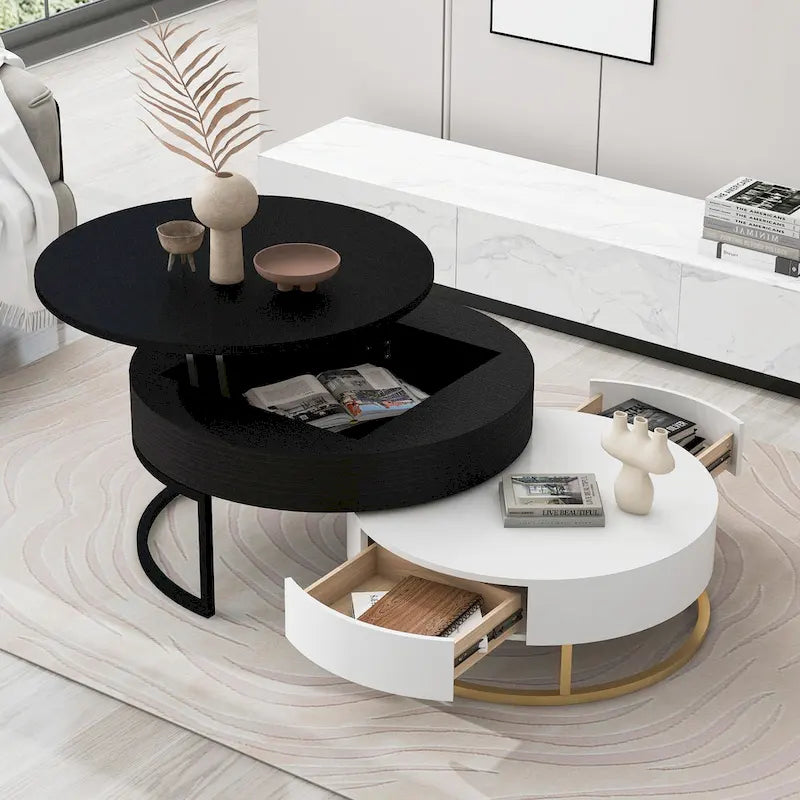 Round Lift-Top Coffee Tables with Nesting Design and Drawers