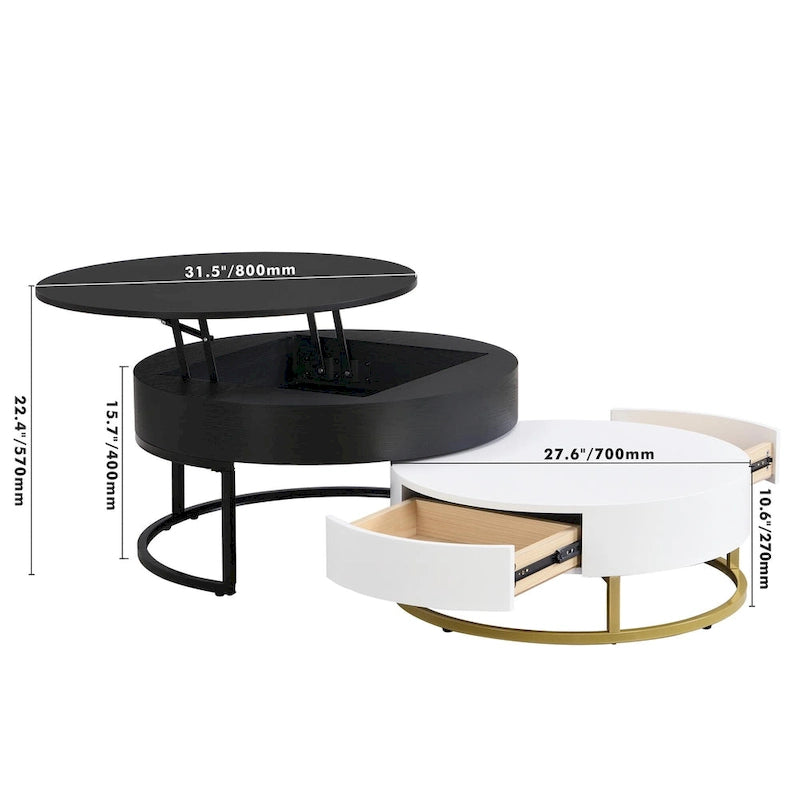 Round Lift-Top Coffee Tables with Nesting Design and Drawers