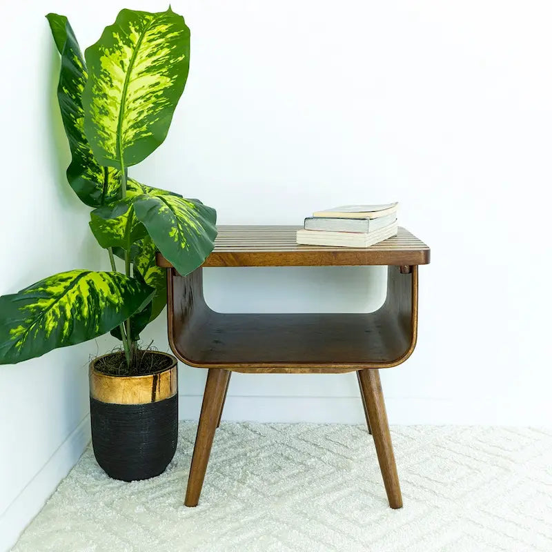 Mid-Century Modern Rectangular Solid Wood End Table in Brown