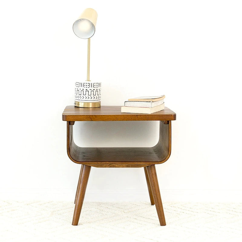 Mid-Century Modern Rectangular Solid Wood End Table in Brown
