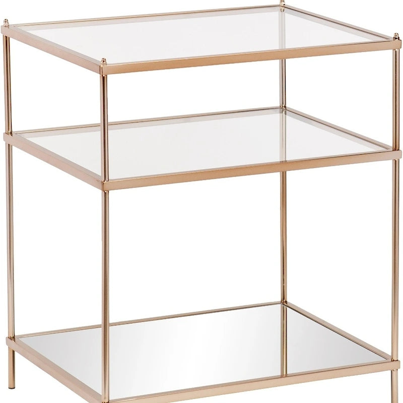 Gold Mirrored Glass End Table with Iron Frame and Shelf