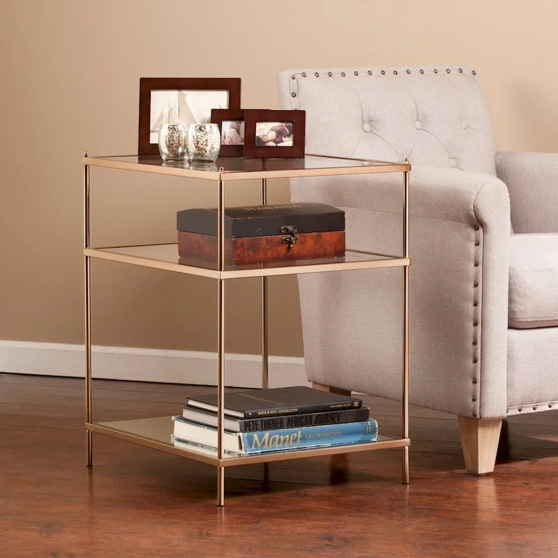 Gold Mirrored Glass End Table with Iron Frame and Shelf