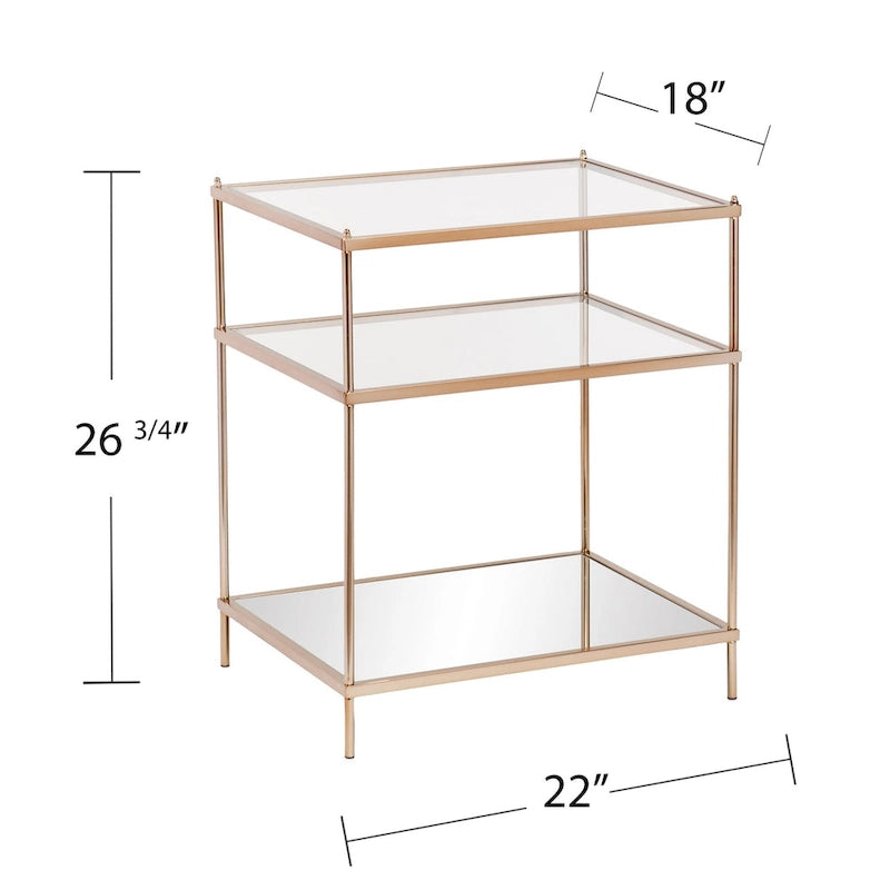 Gold Mirrored Glass End Table with Iron Frame and Shelf