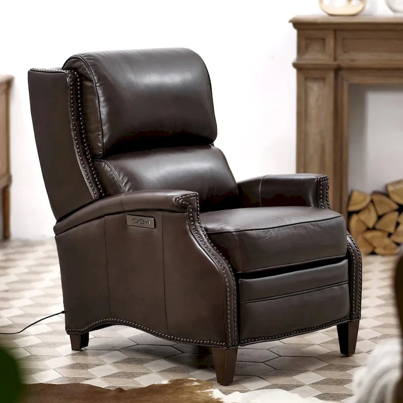 Genuine Leather Power Recliner with USB Charging