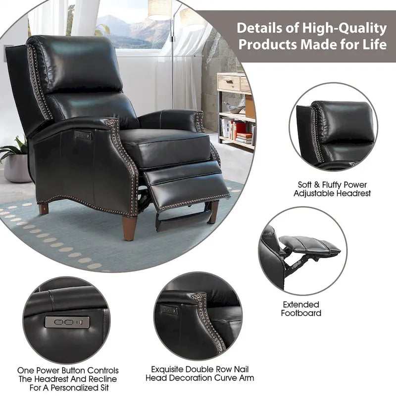 Genuine Leather Power Recliner with USB Charging
