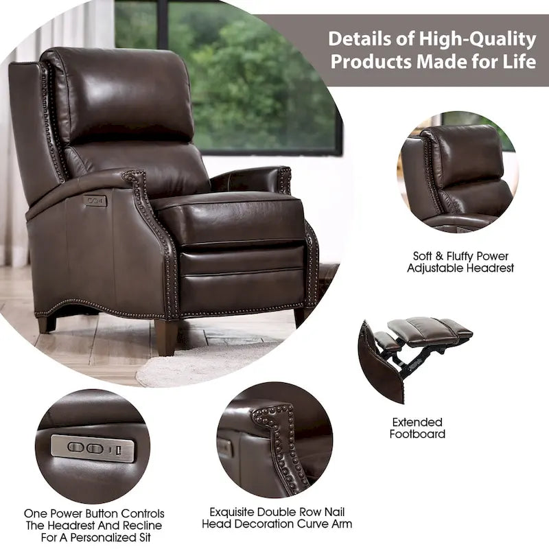 Genuine Leather Power Recliner with USB Charging