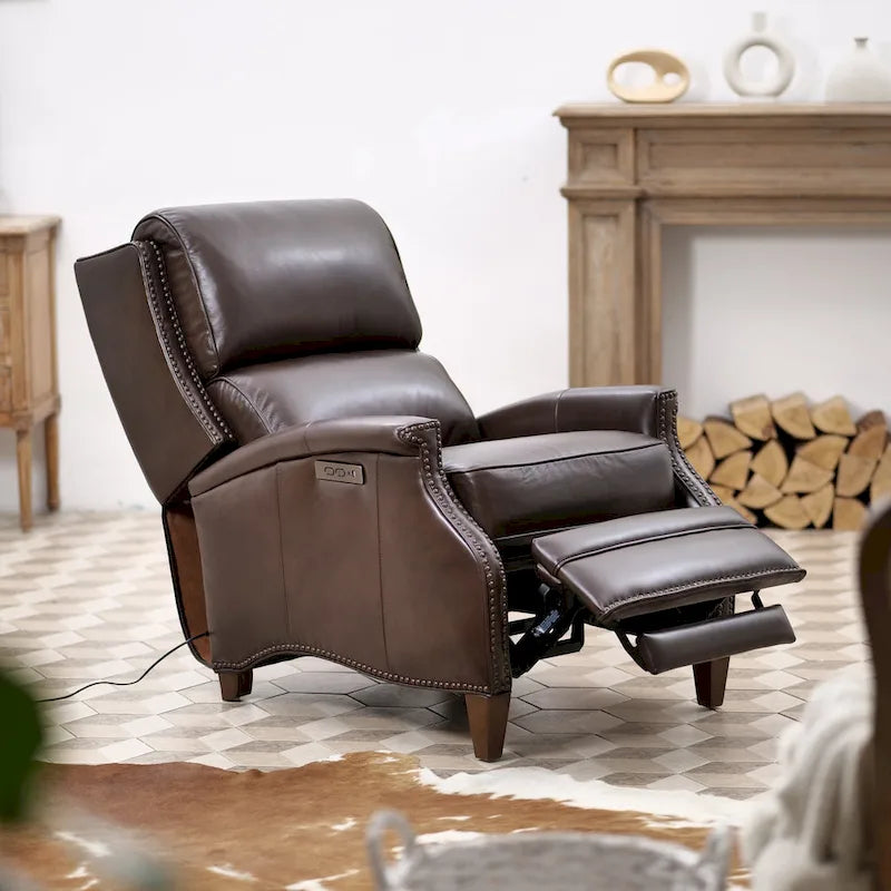 Genuine Leather Power Recliner with USB Charging