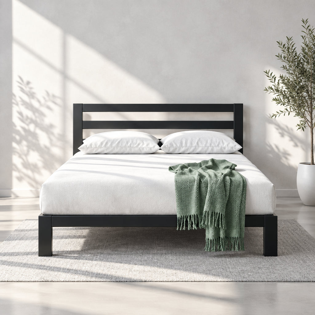 Black Metal King Platform Bed with Headboard