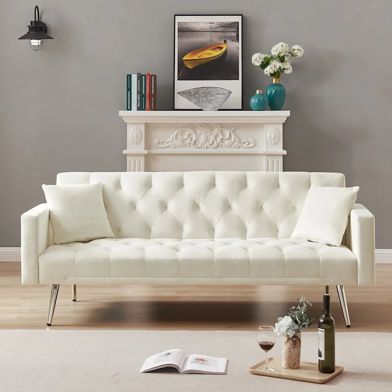 Cream Tufted Velvet Convertible Sofa Bed