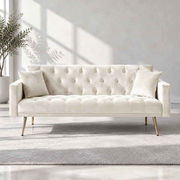 Kremowa pikowana aksamitna sofa z funkcją spania