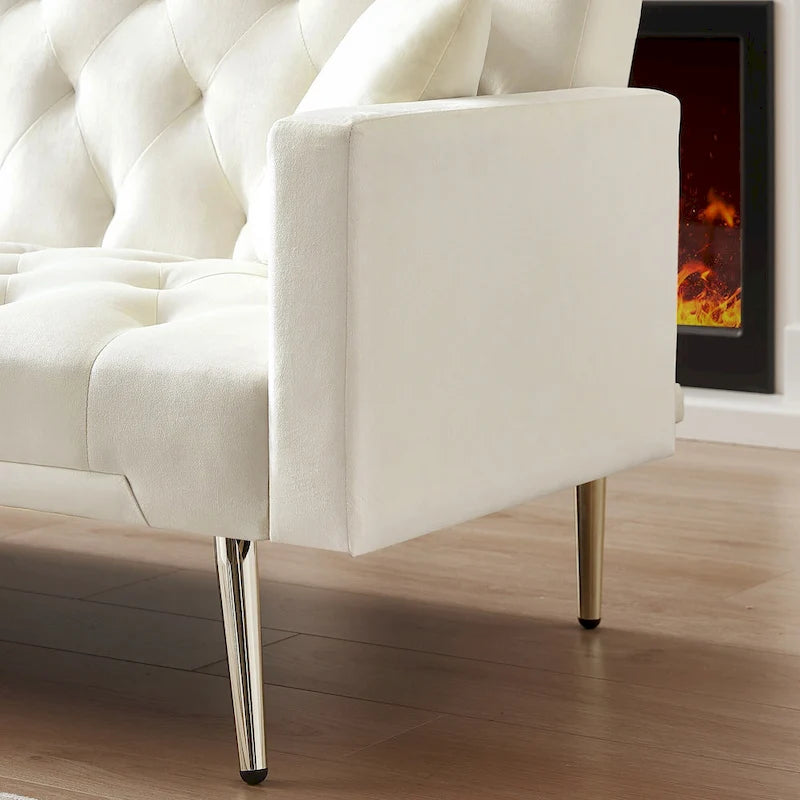 Cream Tufted Velvet Convertible Sofa Bed