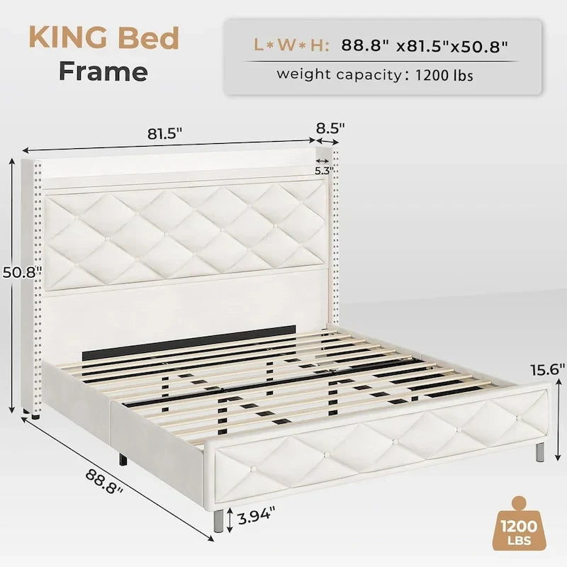 Upholstered LED Platform Bed Frame with Storage Headboard and Charging Station