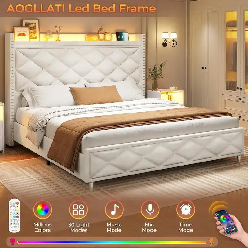 Upholstered LED Platform Bed Frame with Storage Headboard and Charging Station