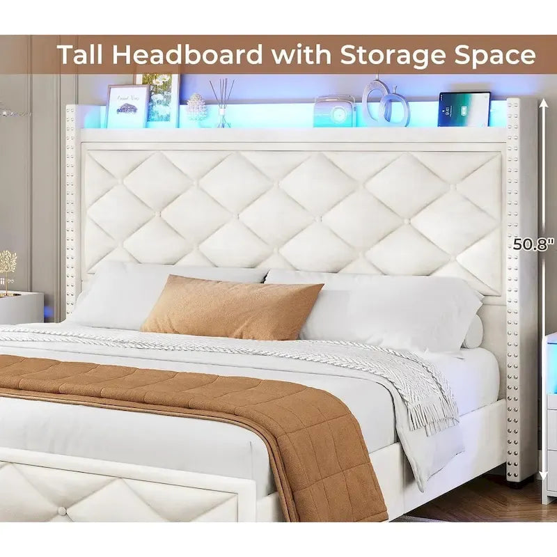 Upholstered LED Platform Bed Frame with Storage Headboard and Charging Station