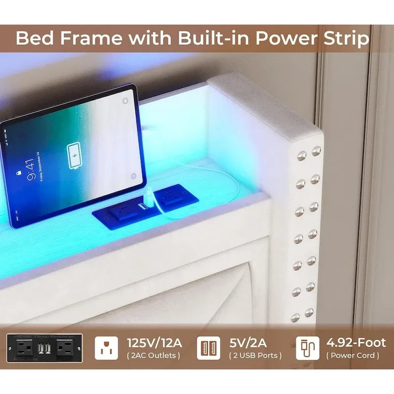 Upholstered LED Platform Bed Frame with Storage Headboard and Charging Station