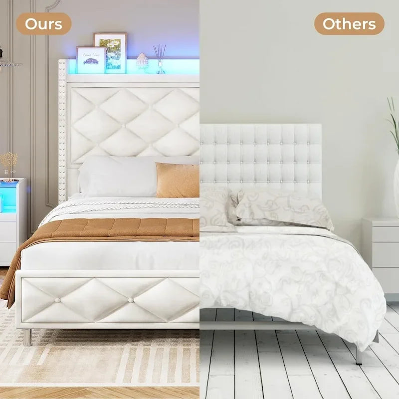 Upholstered LED Platform Bed Frame with Storage Headboard and Charging Station