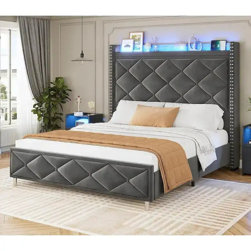Upholstered LED Platform Bed Frame with Storage Headboard and Charging Station