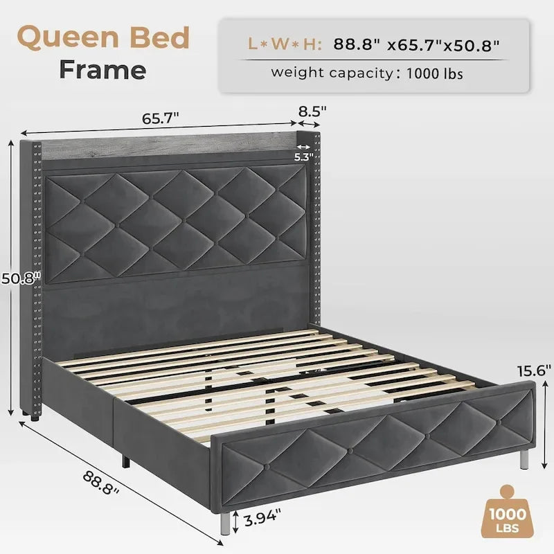 Upholstered LED Platform Bed Frame with Storage Headboard and Charging Station