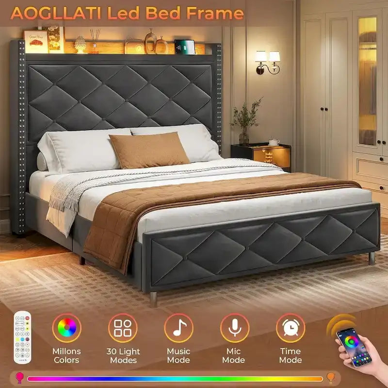Upholstered LED Platform Bed Frame with Storage Headboard and Charging Station