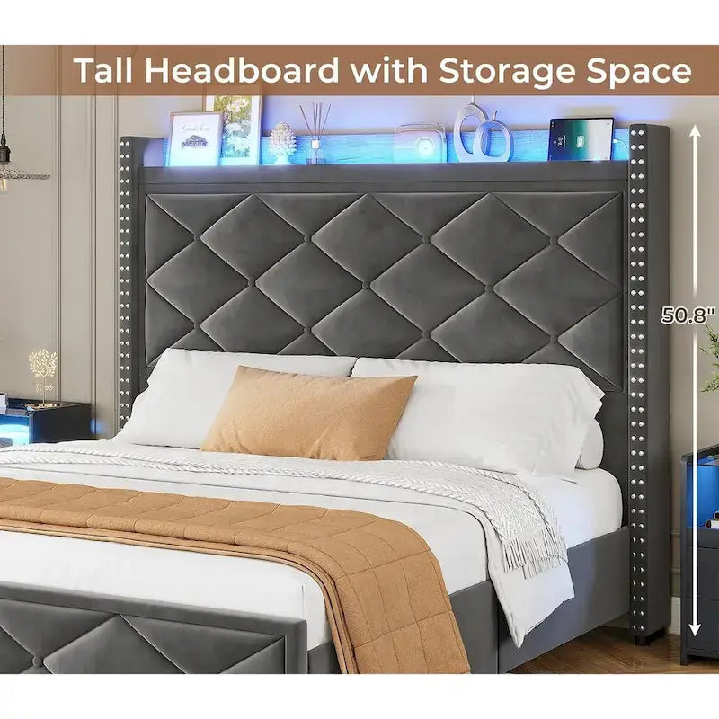 Upholstered LED Platform Bed Frame with Storage Headboard and Charging Station