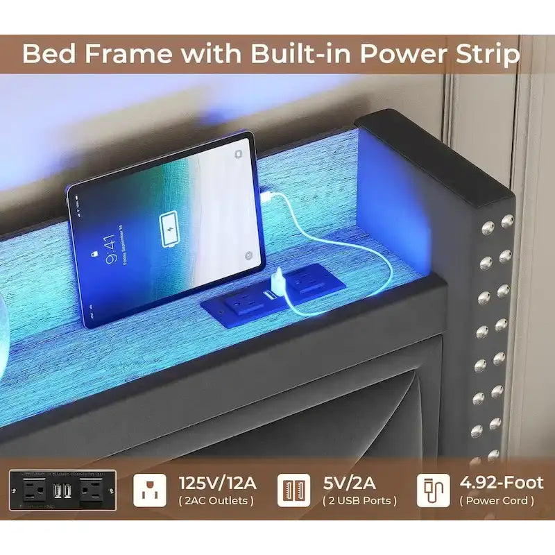 Upholstered LED Platform Bed Frame with Storage Headboard and Charging Station