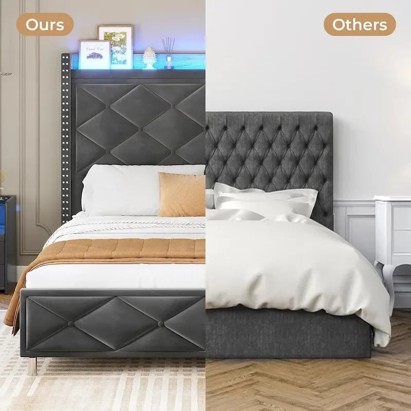 Upholstered LED Platform Bed Frame with Storage Headboard and Charging Station