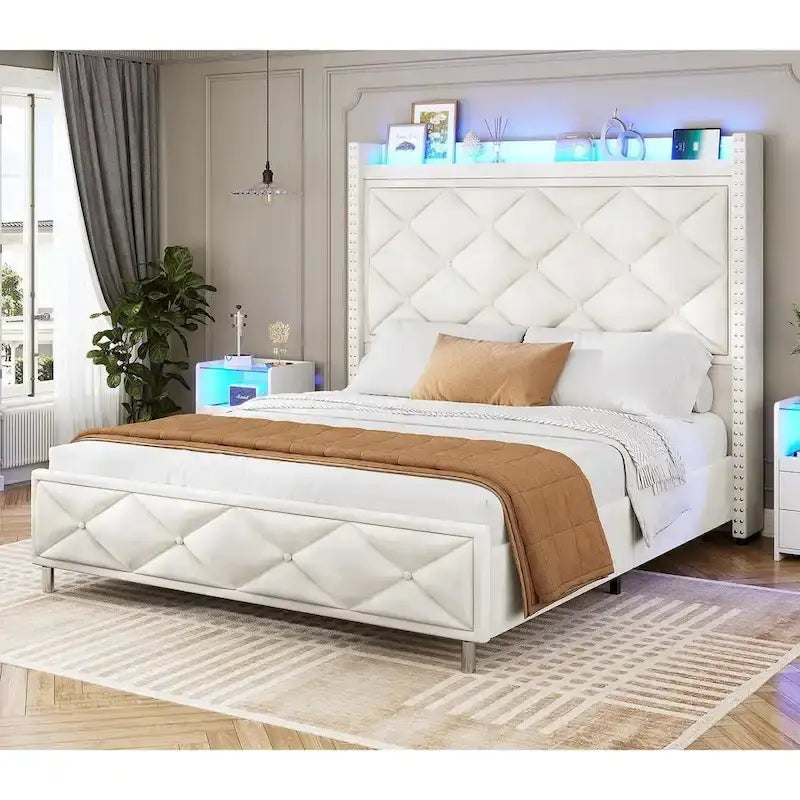 Upholstered LED Platform Bed Frame with Storage Headboard and Charging Station