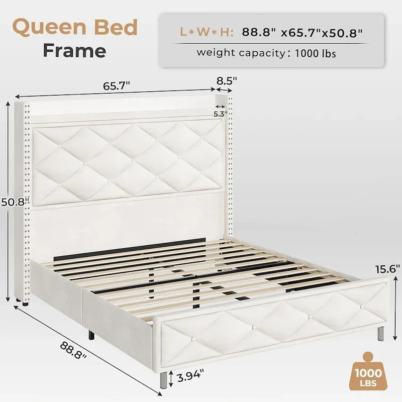 Upholstered LED Platform Bed Frame with Storage Headboard and Charging Station