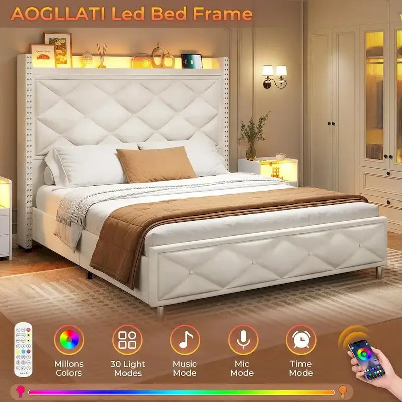 Upholstered LED Platform Bed Frame with Storage Headboard and Charging Station