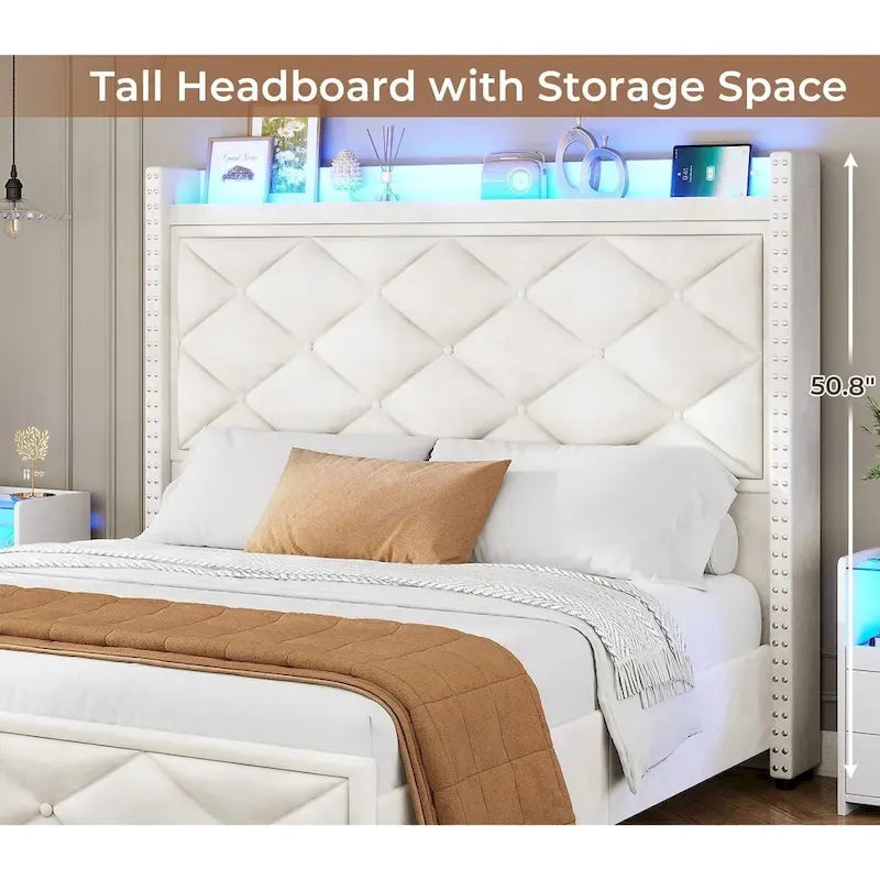 Upholstered LED Platform Bed Frame with Storage Headboard and Charging Station