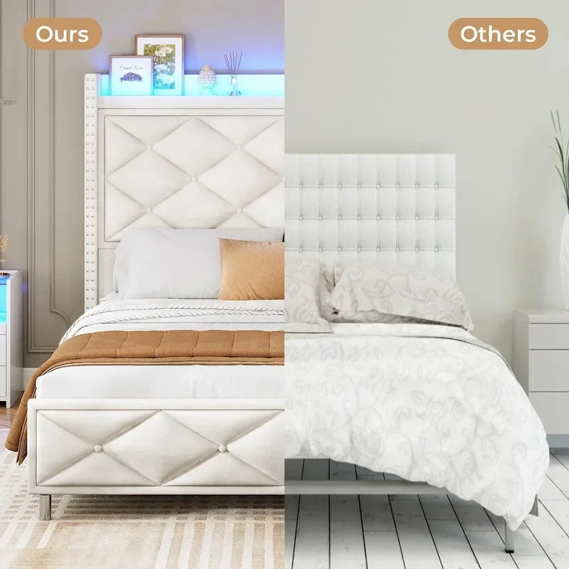 Upholstered LED Platform Bed Frame with Storage Headboard and Charging Station