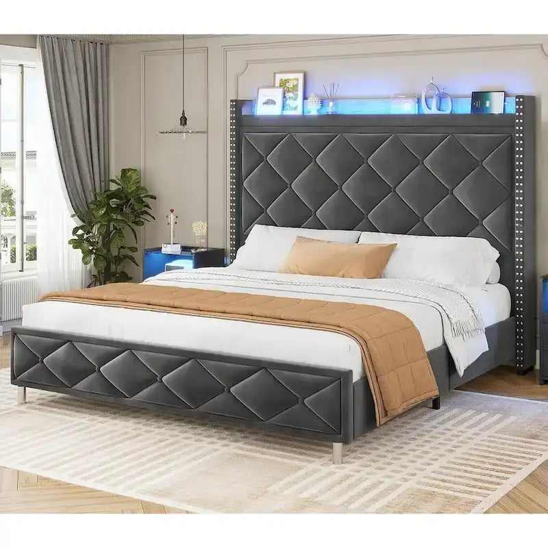 Upholstered LED Platform Bed Frame with Storage Headboard and Charging Station