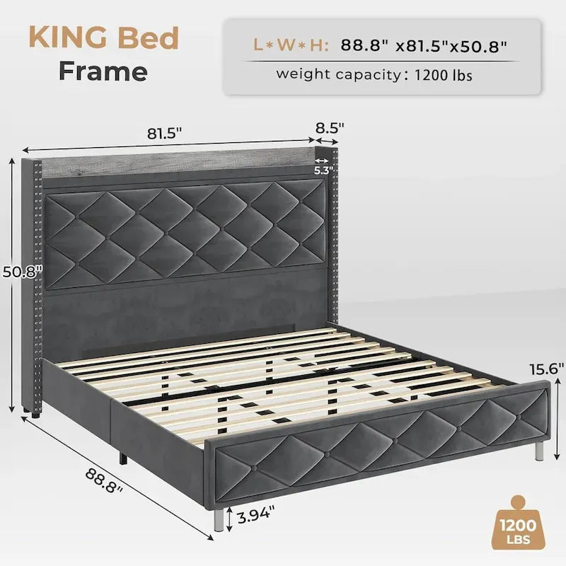 Upholstered LED Platform Bed Frame with Storage Headboard and Charging Station