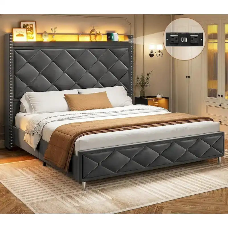Upholstered LED Platform Bed Frame with Storage Headboard and Charging Station
