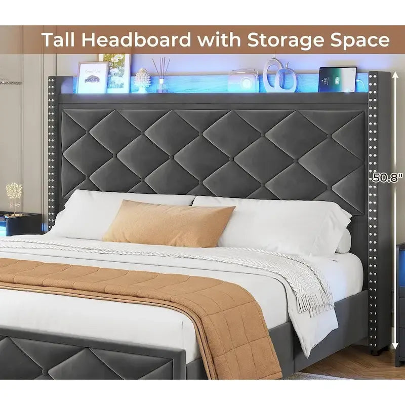 Upholstered LED Platform Bed Frame with Storage Headboard and Charging Station