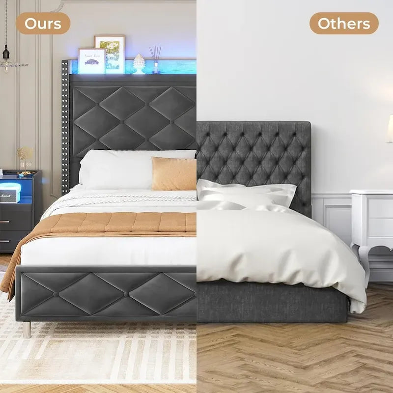 Upholstered LED Platform Bed Frame with Storage Headboard and Charging Station