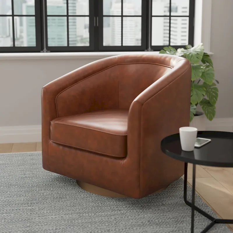 Swivel Barrel Accent Chair with Vinyl Wrapped Base